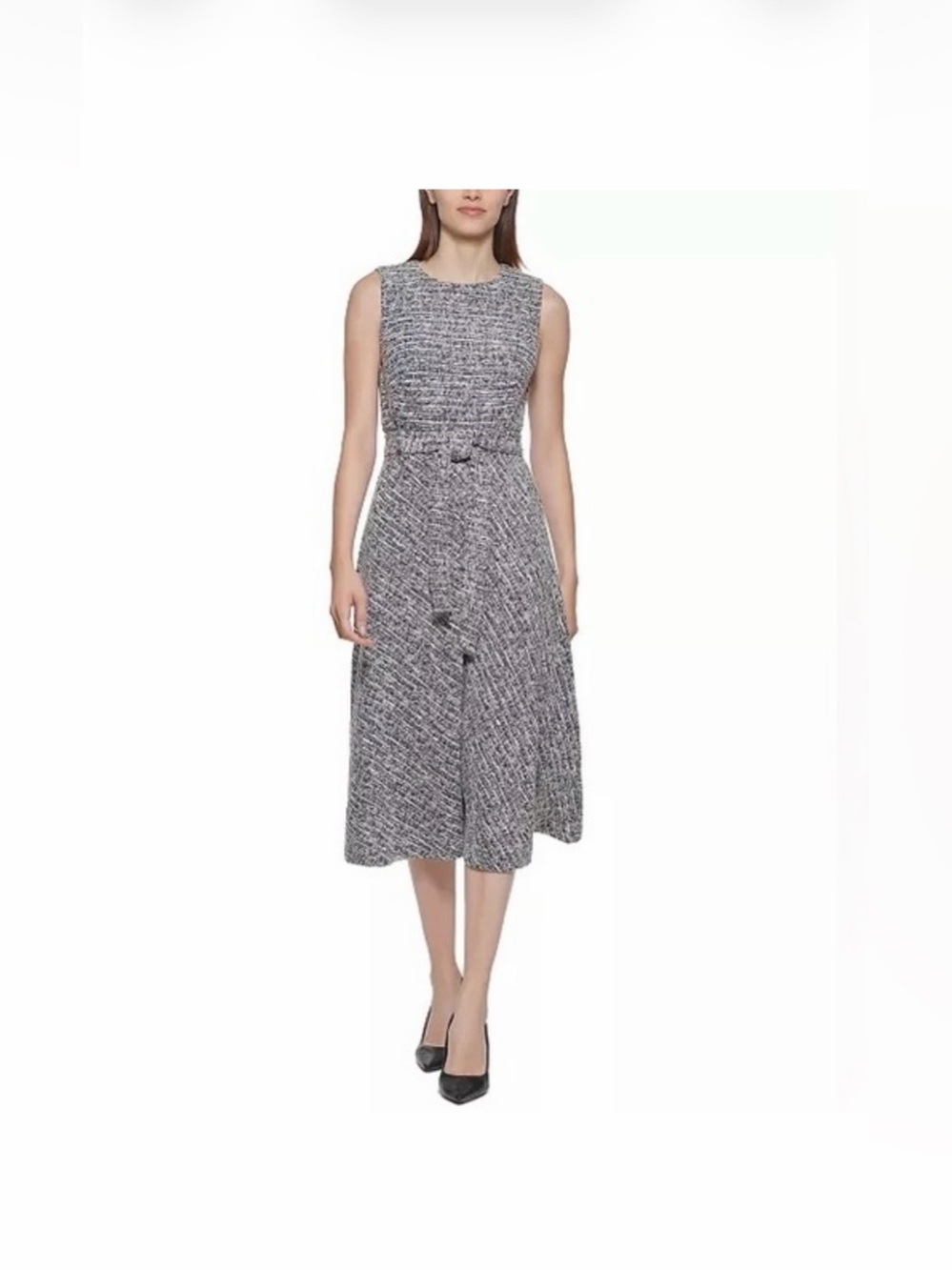 Calvin Klein Sleeveless Gray Tweed Midi Dress with Waist Bow